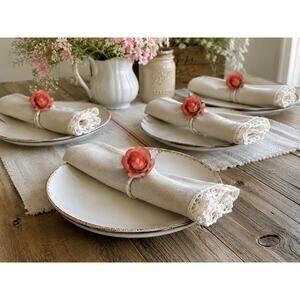 Vintage Metal Rose Napkin Rings Set 6 Pink Floral Shabby Cottagecore